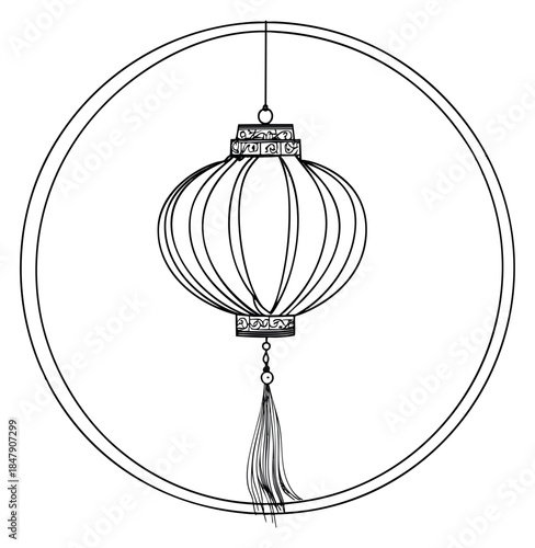 Simple chinese lantern icon with tassel black and white line art