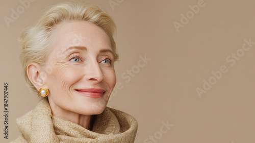 Portrait of an elegant and beautiful woman smiling gracefully. She is seen from the side with her head turned to look upwards