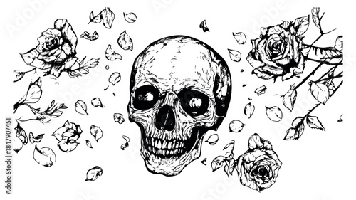 Vintage skull and rose set with petals and leaves hand drawn outline illustration