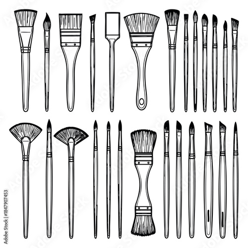 Hand drawn paint brush set with fan, flat, round and angled brushes black and white line art