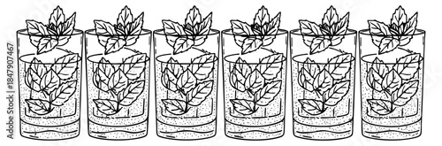 Simple mojito cocktail set with lime and mint black and white line art