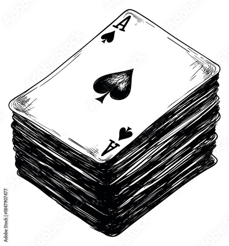 Stack of playing cards with ace of spades hand drawn sketch