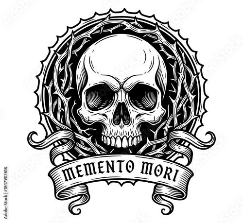 Skull with crown of thorns and MEMENTO MORI banner