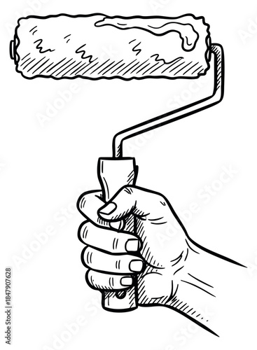 Hand holding paint roller with paint hand drawn sketch