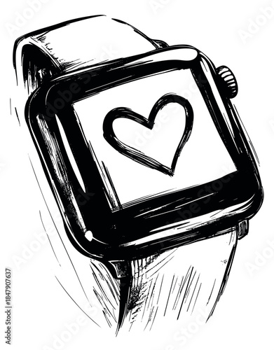 Hand drawn smartwatch illustration with heart icon black and white line art