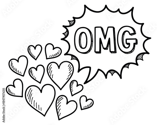 Hand drawn speech bubble with omg and hearts