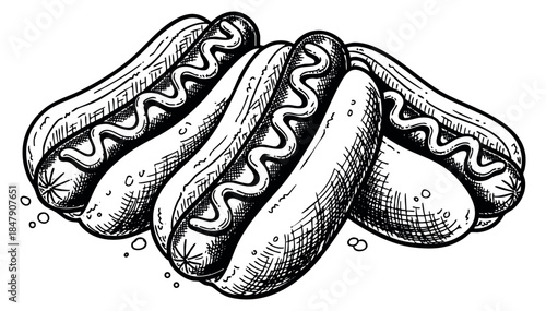 Vintage hot dog set with buns and mustard hand drawn outline illustration