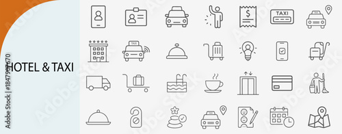 hotel and taxi service icons, minimal line vector symbol set