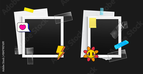Y2k photo frame collage with snap shots and paper scraps on black background, color tape, smiling flower sticker and pink heart. Scrapbook composition template in retro style with blank picture frames