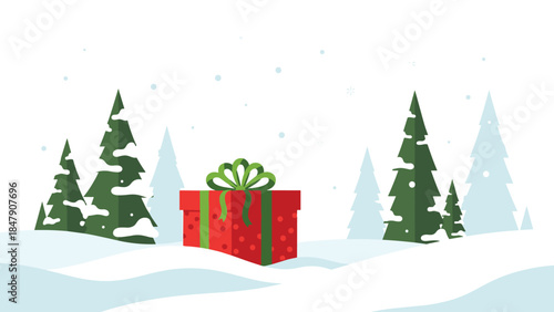 Festive red gift box with a green ribbon sits in a snowy winter landscape surrounded by evergreen trees.