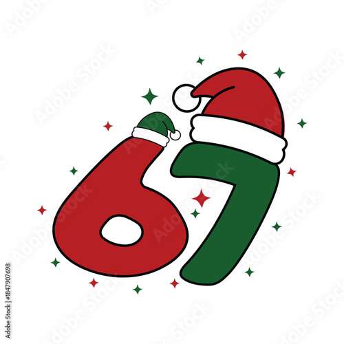 Merry Christmas 67 Number Vector Logo PNG | Six Seven Santa Hat Design | High-Resolution Transparent new 67 Christmas Illustration for Stickers, Mugs & Printable