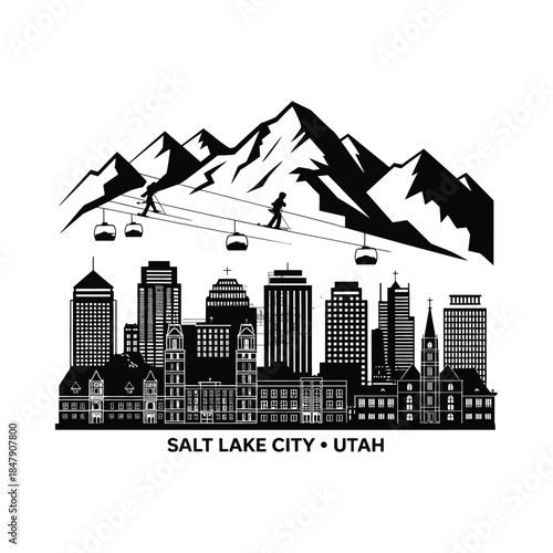 Salt lake city utah skyline with mountains and cable car