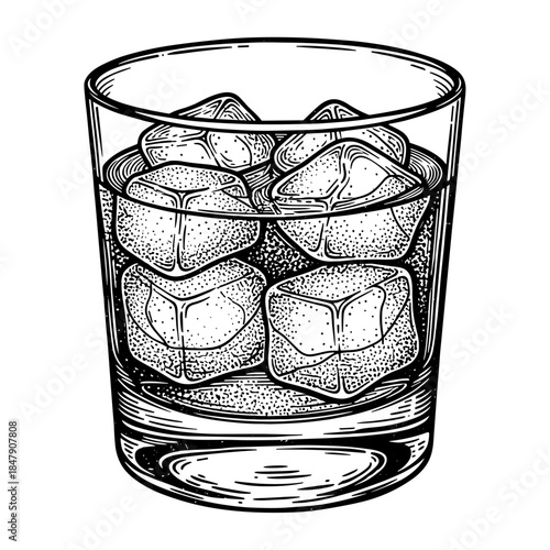 Negroni cocktail with ice cubes in vintage line art style