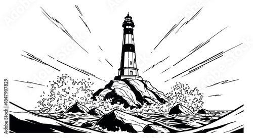 Lighthouse icon set with rocks and splashing waves black and white line art