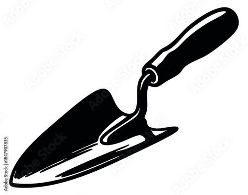 Simple garden trowel icon with wooden handle black and white line art