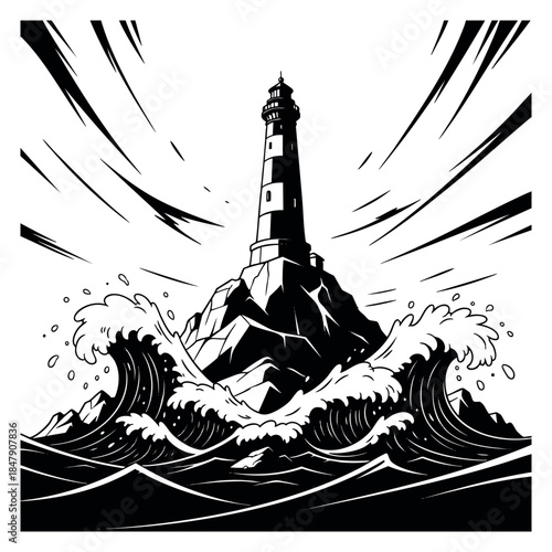 Lighthouse with rocky island and waves black and white line art