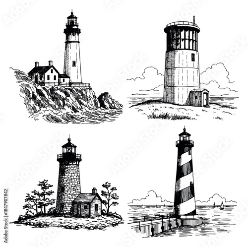 Lighthouse icon set with coast, house, trees and sea hand drawn outline illustration