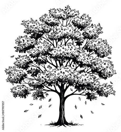 Vintage tree illustration with falling leaves black and white line art