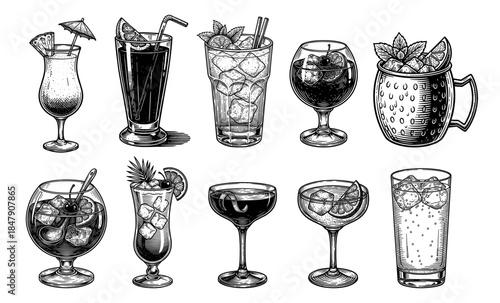 Set of hand-drawn cocktails in vintage engraving style