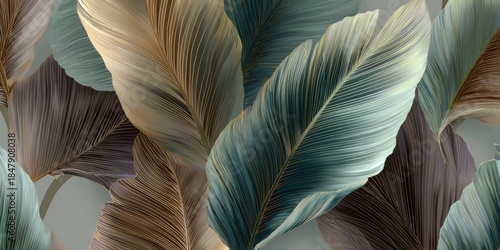 Close-up of textured tropical leaves in shades of brown and teal