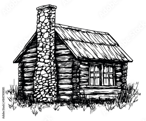 Vintage log cabin illustration with stone chimney hand drawn outline illustration