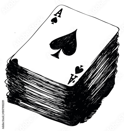 Stack of playing cards with ace of spades hand drawn sketch
