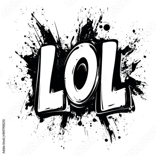 Modern lol text with splatter background black and white illustration
