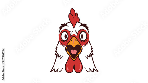 Cartoon chicken with a surprised expression and open beak looks directly at the viewer with wide eyes and a red comb.
