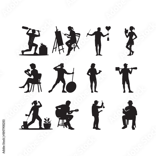 Black Color Creative Hobby Lifestyle Silhouette Vector Illustration, Solid White Background.