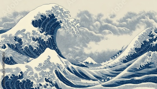 Fototapeta Naklejka Na Ścianę i Meble -  Powerful, crashing waves in shades of blue and white, depicting a stormy sea landscape with hints of land