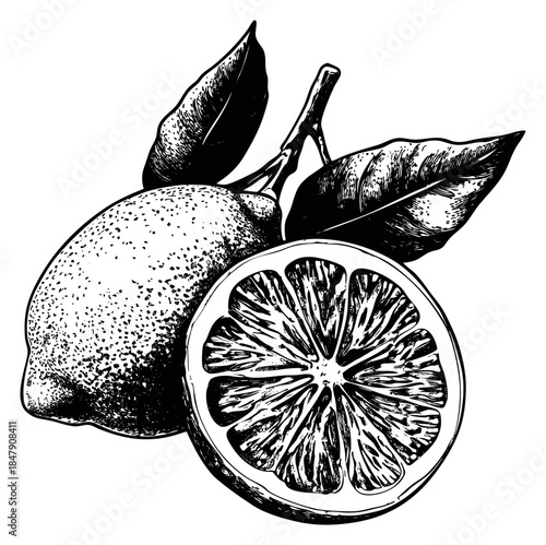 Vintage lemon fruit set with leaves black and white line art