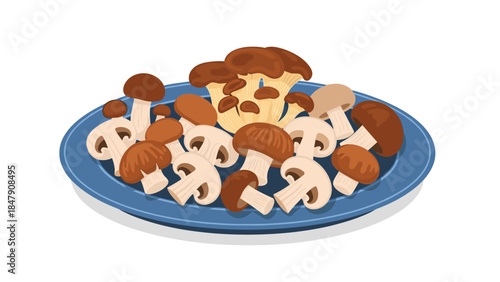 A colorful assortment of various edible mushrooms is beautifully arranged on a blue plate, showcasing nature's bounty.