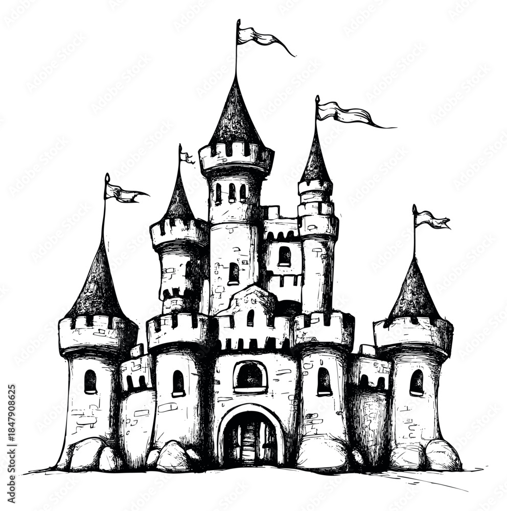 Obraz premium Vintage castle illustration with towers and flags hand drawn sketch