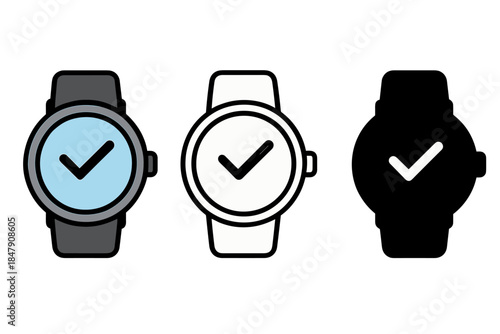Minimalist smartwatch icons with check marks in blue, white, black