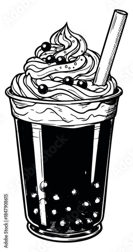 Hand drawn bubble tea with tapioca pearls and whipped cream illustration