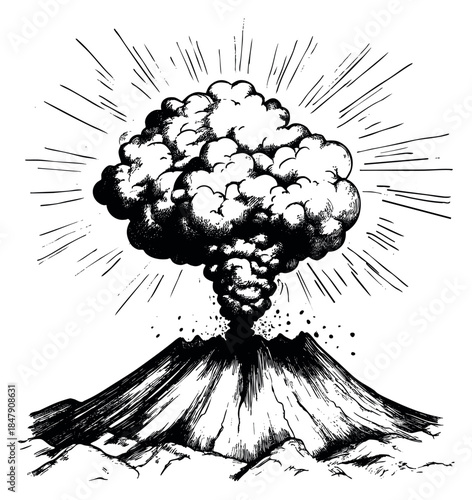 Volcano eruption icon with smoke and explosion hand drawn outline illustration