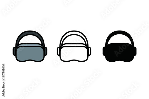 Three virtual reality headset icons in different styles on white background