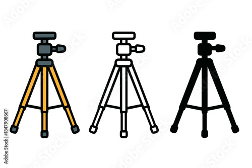 Three stylized tripod icons with varying color schemes and designs