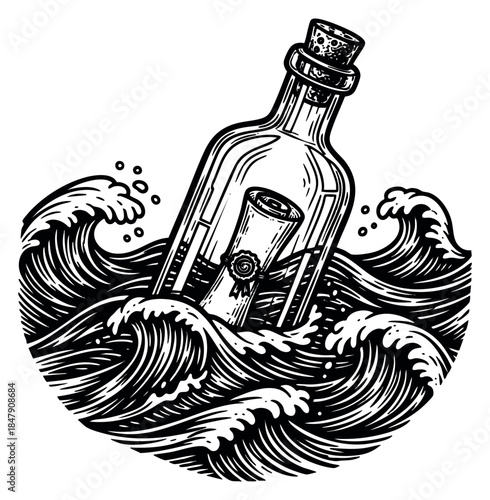 Vintage message in a bottle icon set with ocean waves hand drawn outline illustration