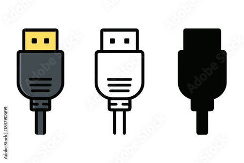 Usb cable icons: colorful, outline, and solid variants on white background