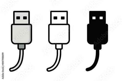Three usb cable icons with different styles and colors on white background