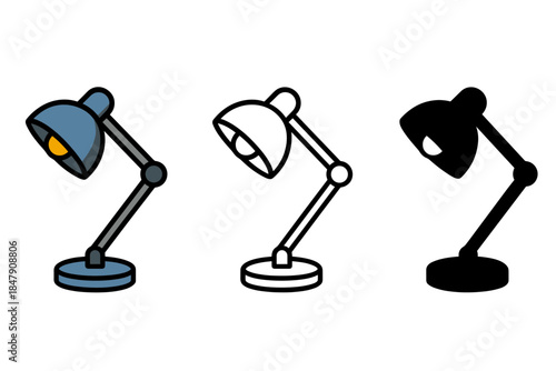 Set of table lamps in blue, outline, and black styles illustrating design variations