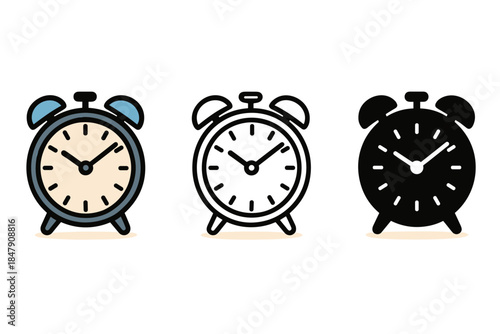 Set of three stylized alarm clocks with different designs and colors