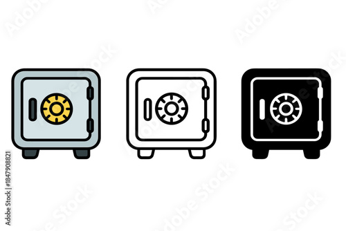 Colorful safe icons set featuring security boxes with combination locks