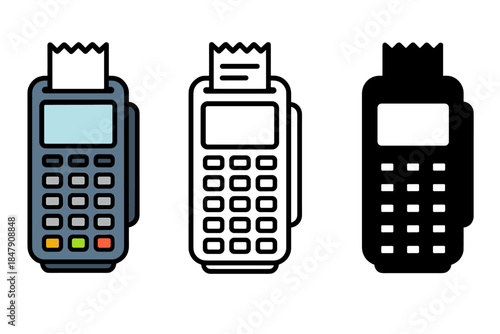 Pos payment terminal icon set with receipt in color, outline, and silhouette styles