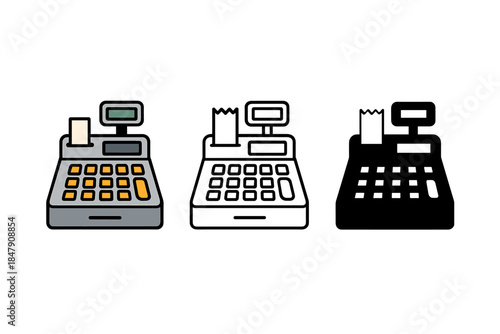 Trio of cash register icons in color, outline, and silhouette styles