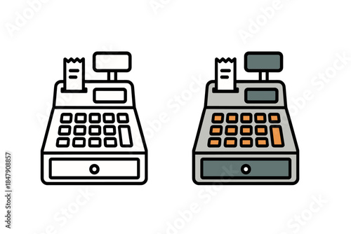 Outline and filled cash register icons with receipt on white background