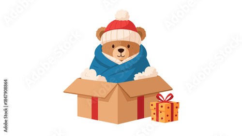 Adorable teddy bear wearing a winter hat peeks out from an open cardboard box next to a festive gift, evoking feelings of warmth and joy.