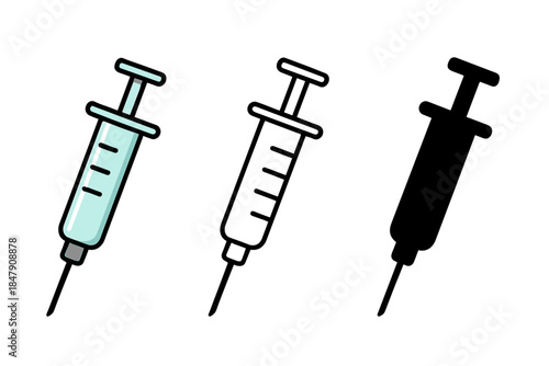 Three medical syringes in different styles and colors on white background