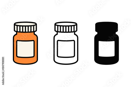 Colorful, outline, and silhouette medicine bottles on white background